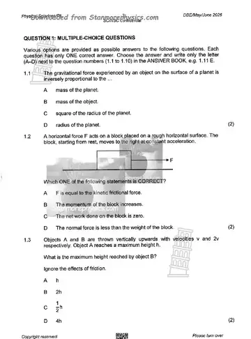 Physical Science Grade 12 May/June 2026 Paper 1 (National DBE) question paper, first page of questions