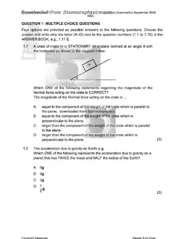 Physical Science Grade 12 September Trial 2026 Paper 1 (KwaZulu-Natal) question paper, first page of questions
