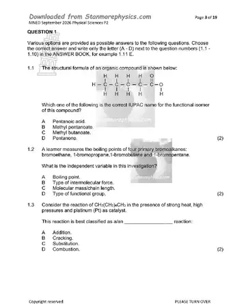 Physical Science Grade 12 September Trial 2026 Paper 2 (Western Cape) question paper, first page of questions