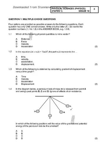 Physical Sciences Grade 10 November 2022 Paper 1 (Gauteng) question paper, first page of questions