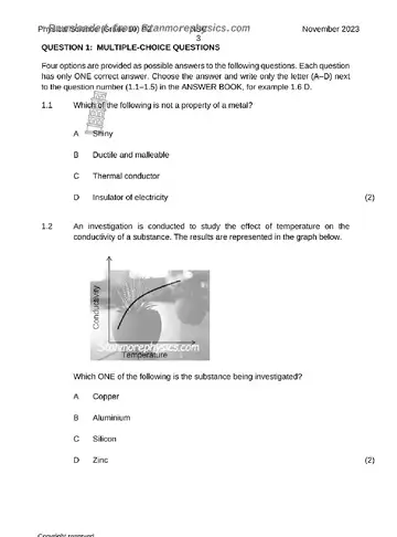 Physical Sciences Grade 10 November 2023 Paper 2 question paper, first page of questions