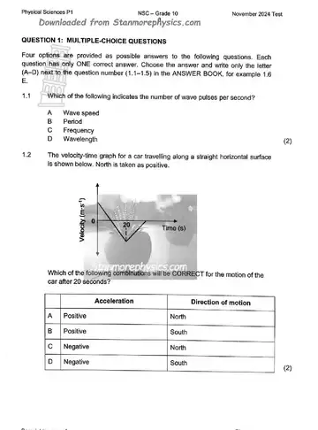 Physical Sciences Grade 10 November 2024 Paper 1 (KwaZulu-Natal) question paper, first page of questions