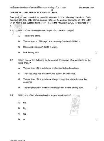 Physical Sciences Grade 10 November 2024 Paper 2 (KwaZulu-Natal) question paper, first page of questions