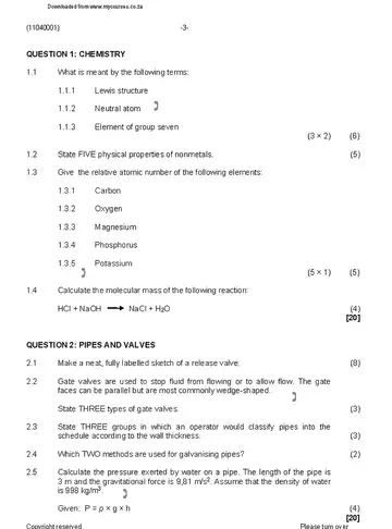 Plant Operation Theory N1 April 2020 question paper, first page of questions