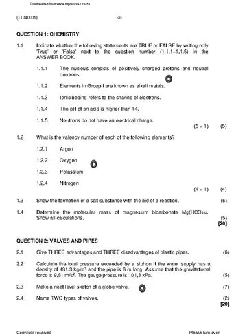 Plant Operation Theory N1 April 2021 question paper, first page of questions