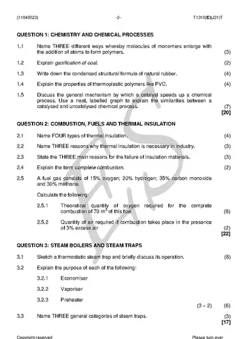 Plant Operation Theory N3 August 2018 question paper, first page of questions