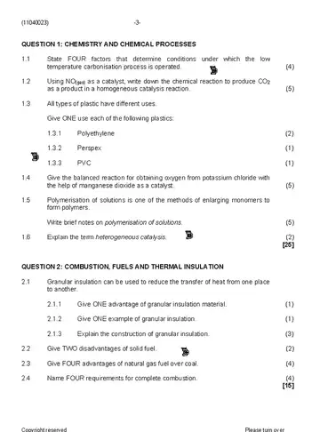 Plant Operation Theory N3 August 2019 question paper, first page of questions