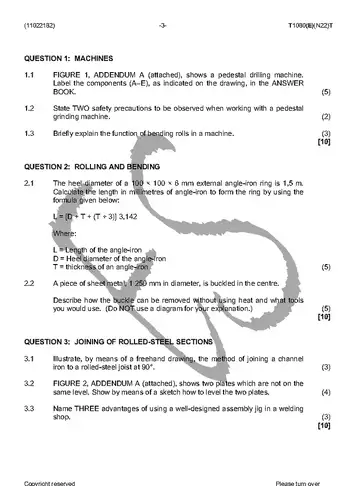 Platers Theory N2 November 2016 question paper, first page of questions