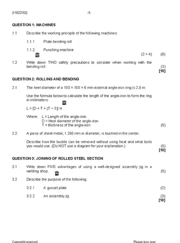 Platers Theory N2 August 2019 question paper, first page of questions