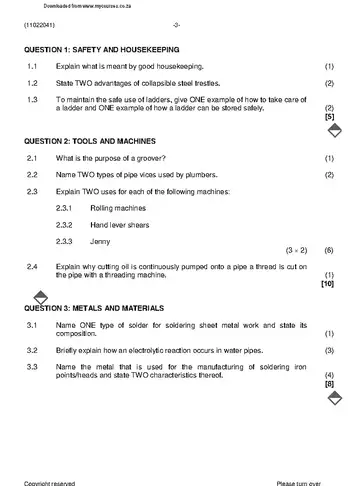 Plumbing Theory N1 November 2023 question paper, first page of questions