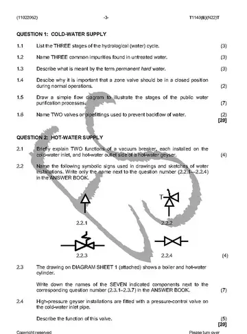 Plumbing Theory N2 November 2016 question paper, first page of questions