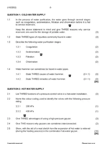 Plumbing Theory N2 August 2019 question paper, first page of questions