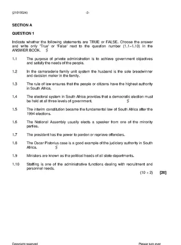 Public Administration N4 June 2019 question paper, first page of questions