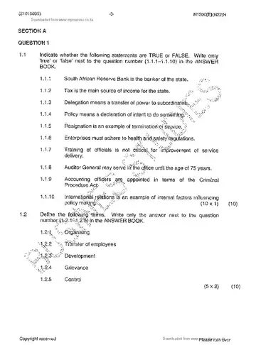 Public Administration N5 November 2013 question paper, first page of questions