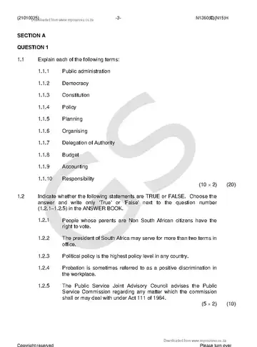 Public Administration N5 November 2018 question paper, first page of questions
