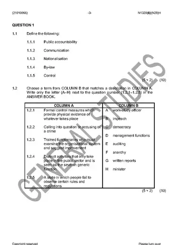 Public Administration N6 November 2016 question paper, first page of questions