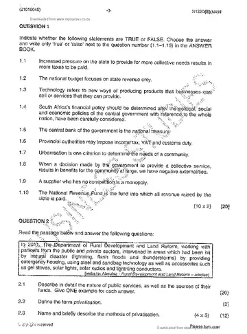 Public Finance N5 November 2013 question paper, first page of questions