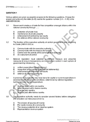 Public Finance N5 November 2016 question paper, first page of questions
