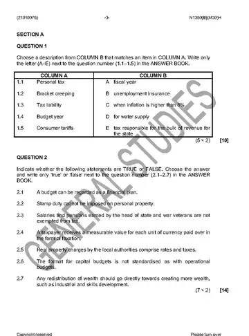 Public Finance N6 June 2016 question paper, first page of questions
