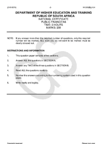 Public Finance N6 June 2018 question paper, first page of questions