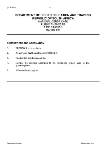 Public Finance N6 November 2020 question paper, first page of questions