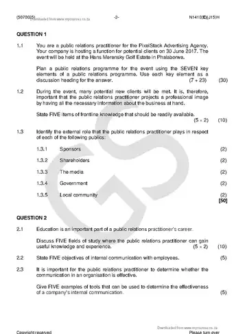 Public Relations N5 June 2018 question paper, first page of questions