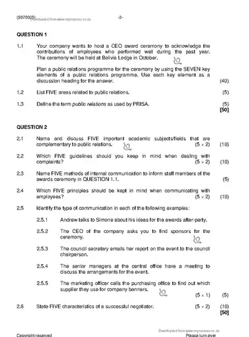 Public Relations N5 November 2019 question paper, first page of questions