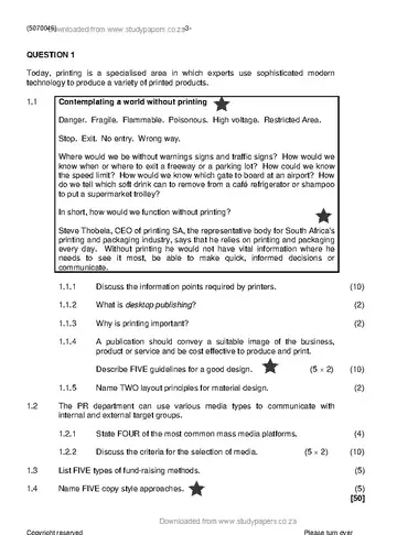 Public Relations N6 November 2022 question paper, first page of questions