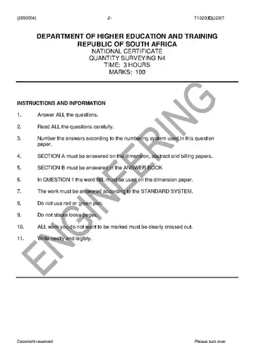 Quantity Surveying N4 August 2014 question paper, first page of questions