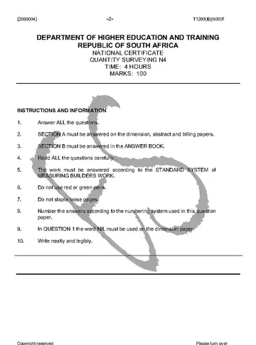 Quantity Surveying N4 November 2016 question paper, first page of questions