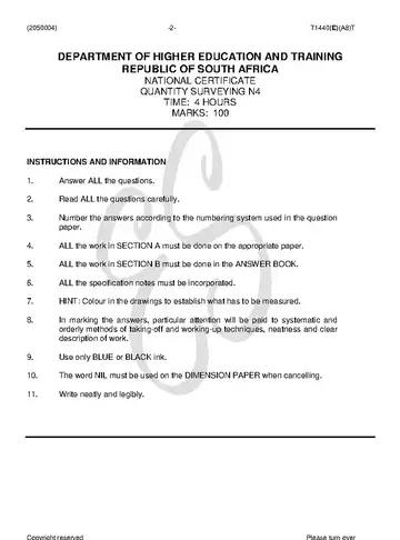 Quantity Surveying N4 August 2018 question paper, first page of questions
