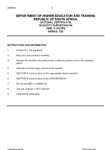 Quantity Surveying N4 August 2019 question paper, first page of questions