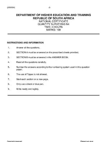 Quantity Surveying N4 August 2021 question paper, first page of questions