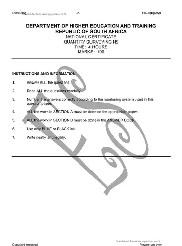 Quantity Surveying N5 April 2016 question paper, first page of questions