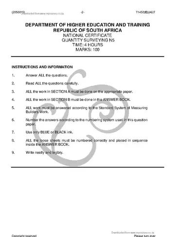 Quantity Surveying N5 August 2018 question paper, first page of questions
