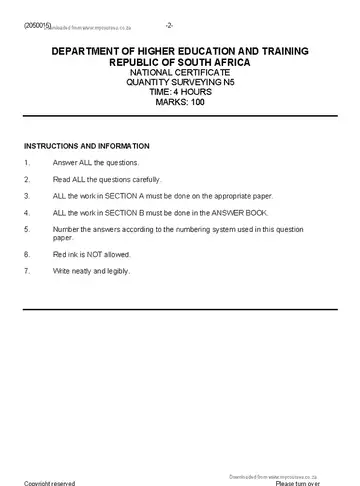 Quantity Surveying N5 August 2019 question paper, first page of questions