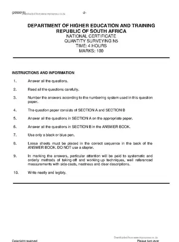 Quantity Surveying N5 August 2021 question paper, first page of questions