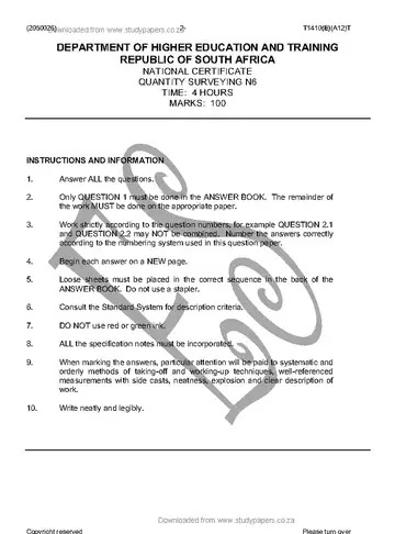 Quantity Surveying N6 April 2016 question paper, first page of questions
