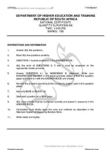 Quantity Surveying N6 August 2018 question paper, first page of questions