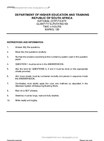 Quantity Surveying N6 April 2019 question paper, first page of questions