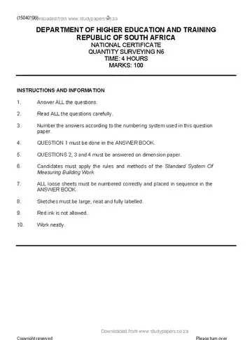 Quantity Surveying N6 August 2019 question paper, first page of questions