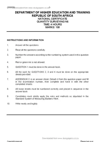 Quantity Surveying N6 April 2020 question paper, first page of questions