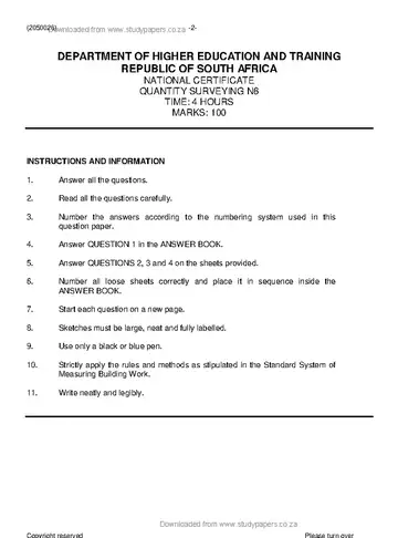 Quantity Surveying N6 April 2021 question paper, first page of questions