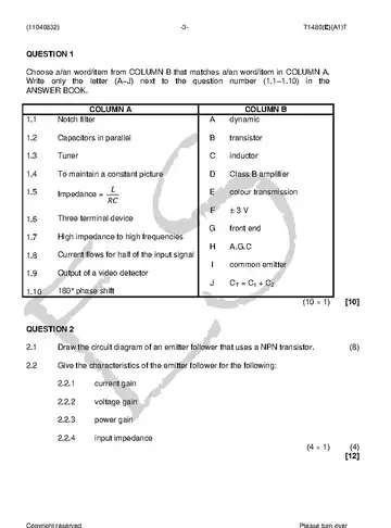 Radio and Television Theory N2 August 2018 question paper, first page of questions