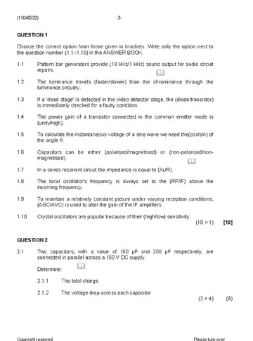 Radio and Television Theory N2 August 2019 question paper, first page of questions