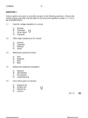 Radio and Television Theory N3 April 2020 question paper, first page of questions