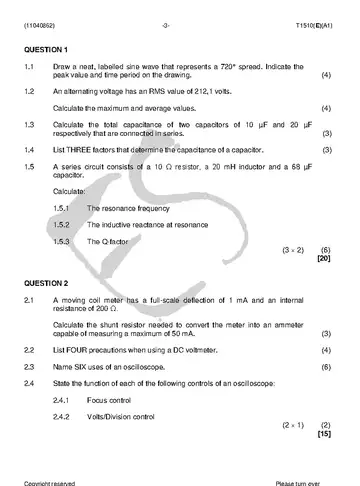 Radio Theory N2 August 2018 question paper, first page of questions