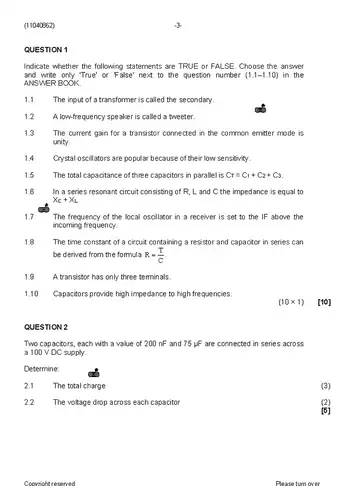Radio Theory N2 August 2019 question paper, first page of questions