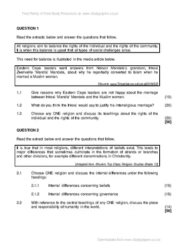 Religion Studies Grade 12 Feb/March Supplementary 2017 Paper 2 (National DBE) question paper, first page of questions