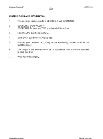 Religion Studies Grade 12 May/June 2018 Paper 1 question paper, first page of questions